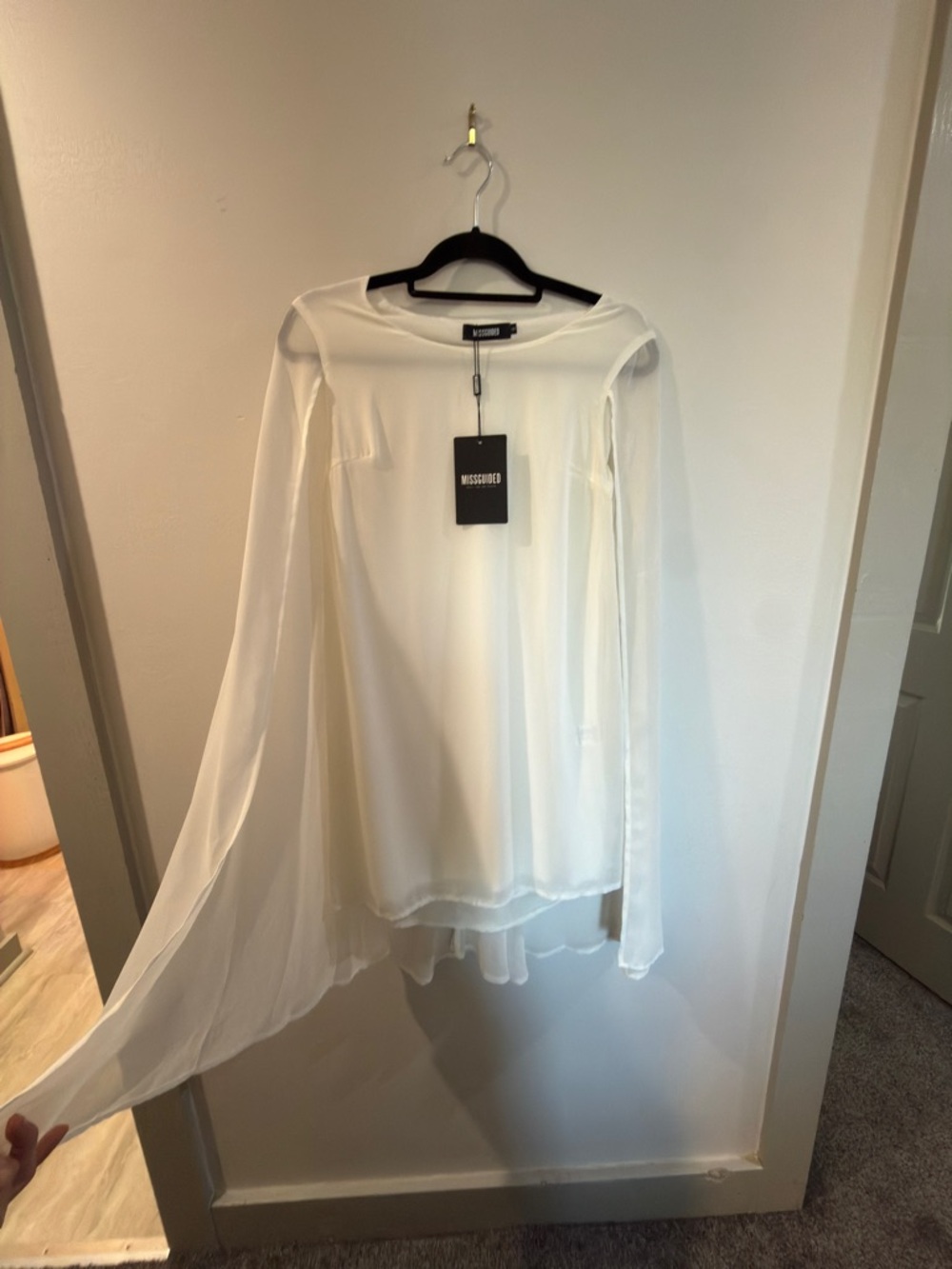 Missguided White Sheer Long Sleeve Dress with Cape, Size 2, NWT